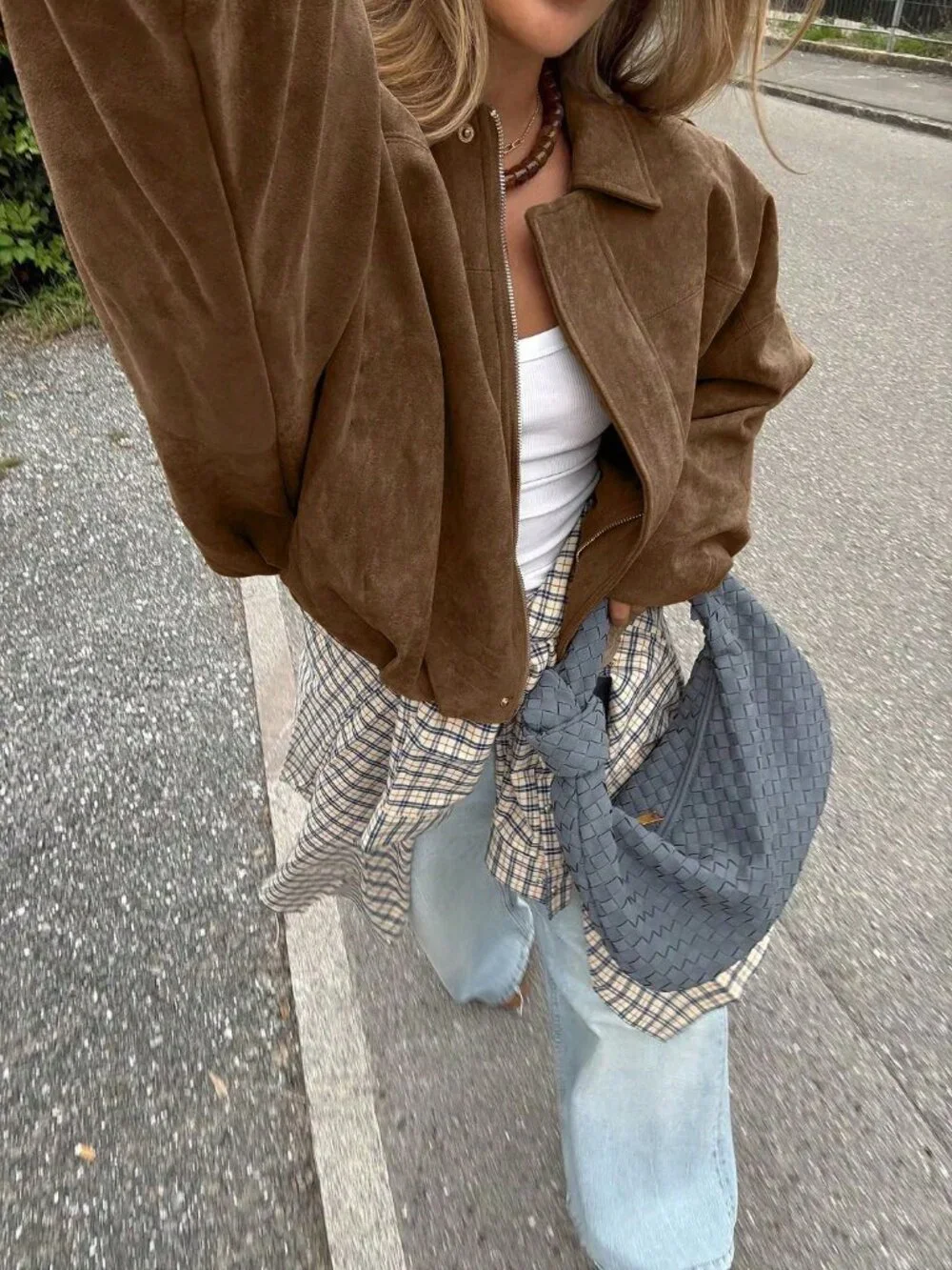 Earth Brown Casual Women's Zipper Pocket Loose Fit Bomber Jacket